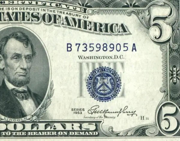 1953 blue seal 5 dollar banknote